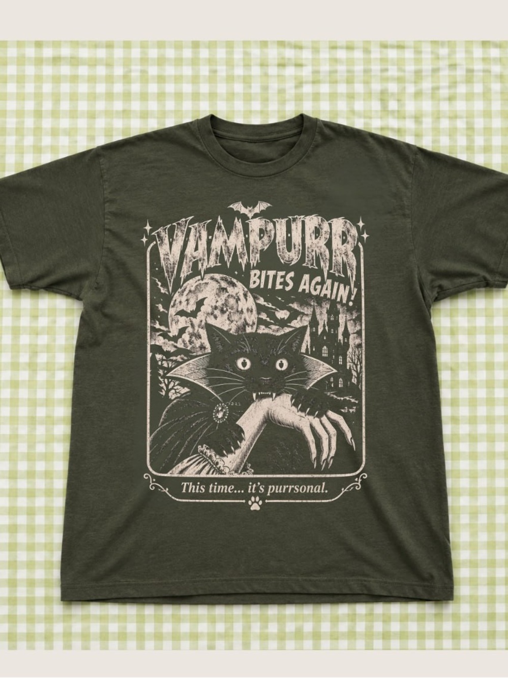 Gildan Vampurr Bites Again Graphic Tee - Olive Green & Cream